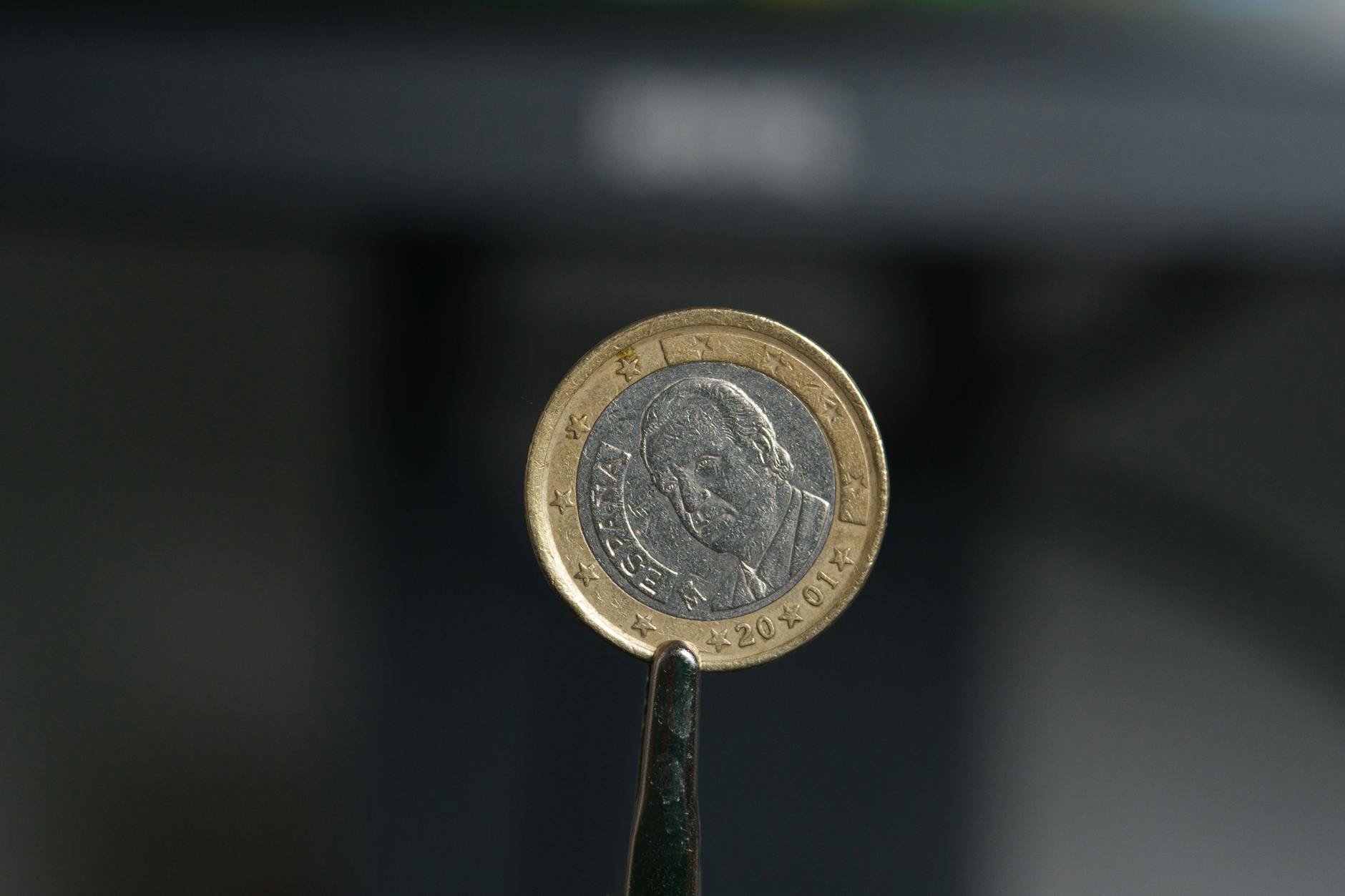 Detailed close-up of a 1 Euro coin featuring Miguel de Cervantes, in a studio setting.